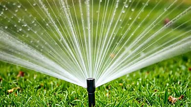 Sprinkler watering green lawn, garden irrigation system, summer lawn care stock footage generative AI