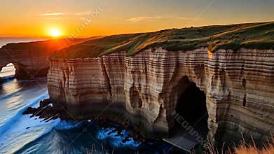 Coastal cliffs sunset view, dramatic seascape, ocean scenery, nature stock footage generative AI