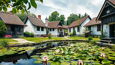 Traditional village houses by pond, European countryside, peaceful rural life stock footage generative AI