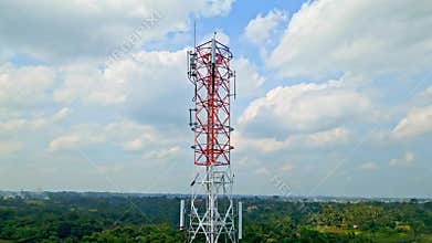 Aerial View Tall Telecommunication 5g Tower Standing Against Clear Sky