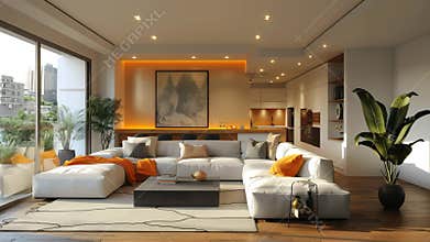 Modern Minimalist Living Room with City View . Camera panning on right , Ai generative