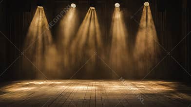 Dramatic Stage Presence Golden Light Beams Illuminate Dark Theater, Wooden Floor