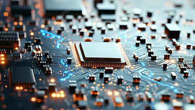 Close-Up around Illuminated Microchip Circuit Board Ai generative