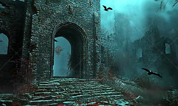 Ruined castle entrance in a mystical, fog-filled landscape