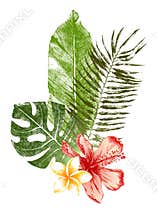 Hand drawn tropical leaves and flowers