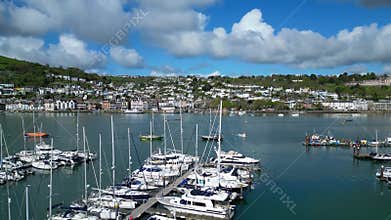Dartmouth, River Dart, South Devon, England: DRONE VIEWS: A reveal shot of the port town of Dartmouth