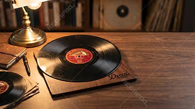 Warm lamplight illuminates a vintage Decca records vinyl album resting on a wooden table alongside a leather-bound journal