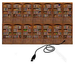 USB on a Set of Wooden Rounded Top Bookcase full of books