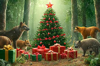 Magic of Christmas in a forest surrounded by joyful animals and gifts