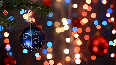 Christmas decorations on tree, branch, bokeh background, out of focus lights