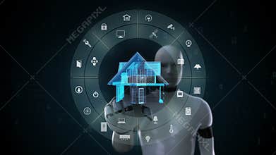 Robot, cyborg touching IoT smart home appliance, Internet of Things, artificial intelligence.2.