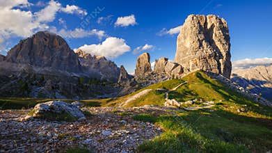 4K time lapse of Cinque Torri mountain peak at sunset, Dolomites Alps, Italy