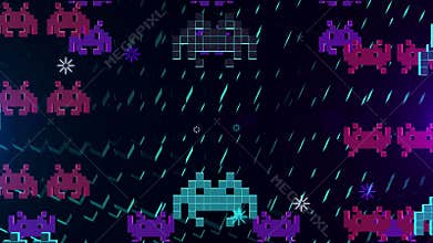 Seamless animation of cute 8 bit pixel space game or computer virus attacking your computer in 4k