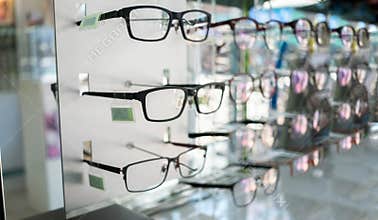 Various of eye glasses in the shop.Selective focus