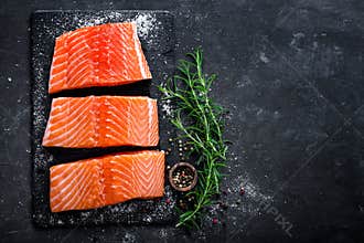Raw salmon filet on dark slate background, wild atlantic fish, space for text