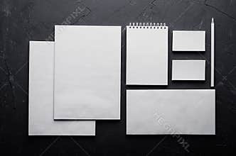 Corporate identity template, stationery on dark grey concrete texture. Mock up for branding, graphic designers presentations and p
