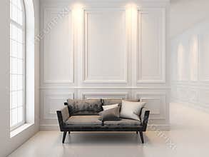 Sofa in classic white interior. 3D render interior mock up.