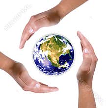 Hands around earth globe - nature and environment