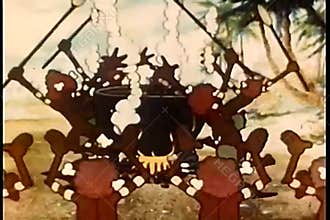 Cartoon of cannibals dancing around cauldron