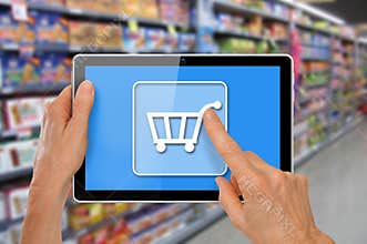 Online Supermarket Shopping Tablet with Hands