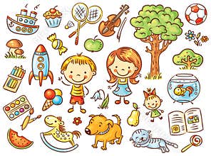 Colorful doodle set of objects from a child's life