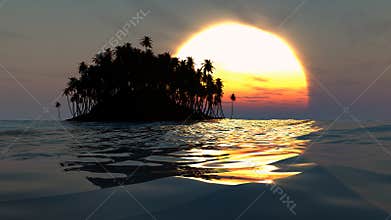 Tropical island silhouette over sunset in open ocean