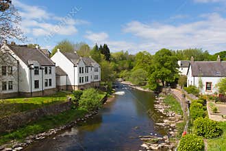 Dunblane town Scotland UK view of the Allan Water river in summer