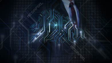 Businessman touching electronics lines, glow electronics circuit and spread lighting.