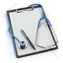 Clipboard with stethoscope and pen on white. Diagnosis o
