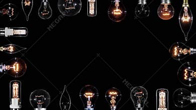 Many Edison lamps blinking over black, copyspace frame, looped