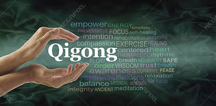 Qigong word cloud and healing hands