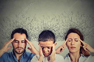 Woman man child stressed face expression brain melting into lines question marks interconnected