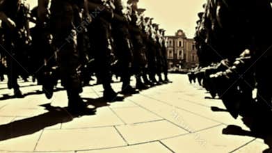 Soldiers marching on the city street