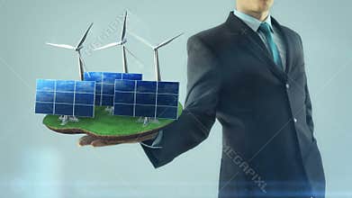 Business man has on hand green energy concept build animation solar panel and windmill