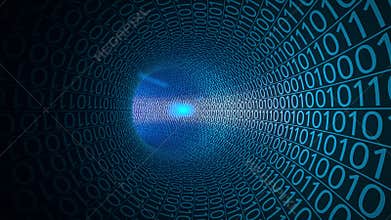 Particles moving through abstract blue tunnel made with zeros and ones. Computers, data transfer, digital technologies