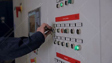 Control cabinets, displays at an electrical substation at power plant, factory.