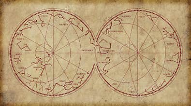 Sky map depicting constellations and zodiac signs.