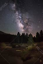 Summer Milky Way and Galactic Center with A Flowing River in Foreground in Tuolumne Meadows, Yosemite National Park
