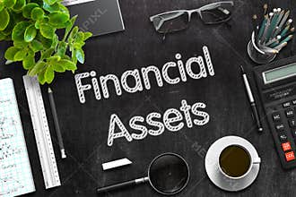 Black Chalkboard with Financial Assets. 3D Rendering.