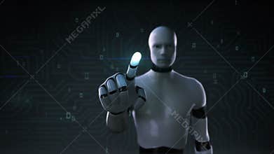Robot, cyborg touching screen, artificial intelligence, computer technology, humanoid science.1.