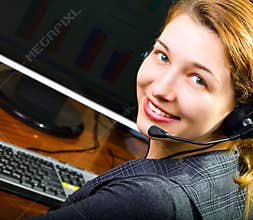 Call center female operator smiling