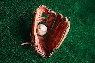 Glove of the baseball catcher and the ball