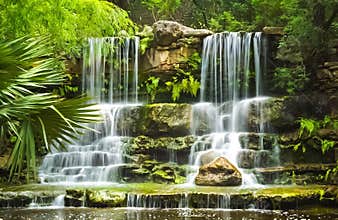The Waterfalls in the Prehistoric Park at Zilker Botanical Garden in Austin Texas