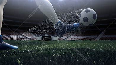 Close up view of soccer ball and player leg. shooting to the goal in slow motion