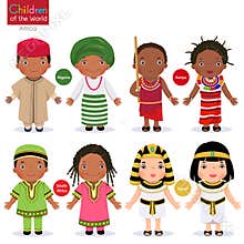 Kids in different traditional costumes. Nigeria, Kenya, South Africa, Egypt.