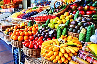 Fresh exotic fruits in Mercado Dos Lavradores. Funchal, Madeira
