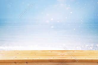 Wood deck in front of abstract sea landscape. ready for product display. textured image