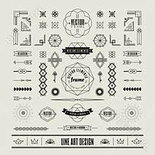 Set of linear thin line art deco retro vintage design frame border