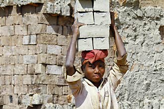 Female worker carry bricks