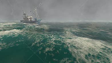 Small fishing boat in the stormy sea